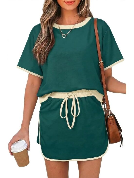 Pants - 〽️Women's Shorts Set Green Cream Short Sleeve Top Comfort Skort Matching Outfit